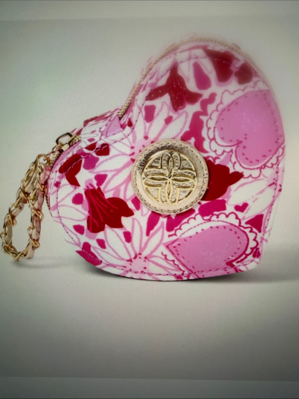 Lilly Pulitzer , NWTsHeart-Shaped Floral Jewelry Case - Pink Red w gold chain